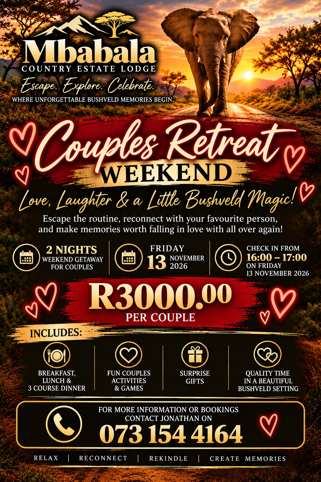 Couples Retreat Weekend flyer — 13 November 2026, R3000 per couple