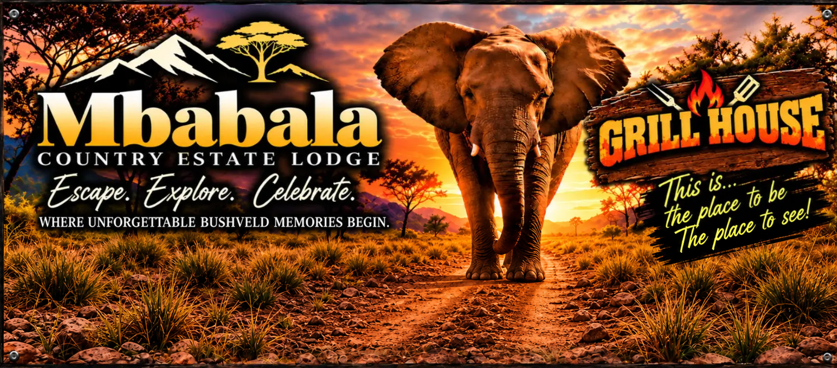 Mbabala Country Estate Lodge and Grill House banner: elephant walking toward the lodge at sunset in the Limpopo bushveld